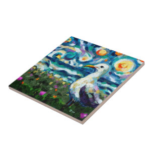 Seagull Van Gogh Style Beach Sky Blue Teal Ceramic Tile