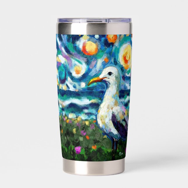 Seagull Van Gogh Style Beach Sky Blue Teal Insulated Tumbler (Front)