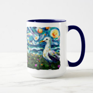 Seagull Van Gogh Style Beach Sky Blue Teal Mug