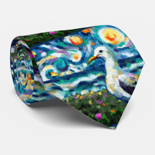 Seagull Van Gogh Style Beach Sky Blue Teal Neck Tie