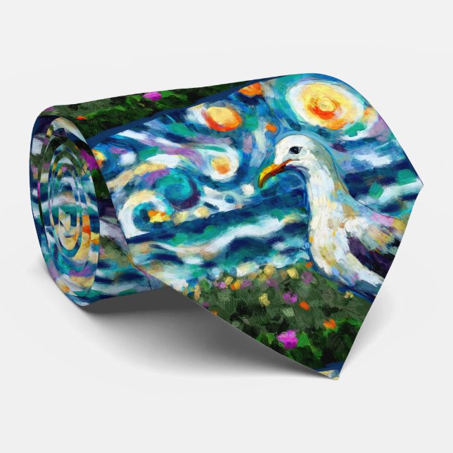 Seagull Van Gogh Style Beach Sky Blue Teal Neck Tie (Rolled)