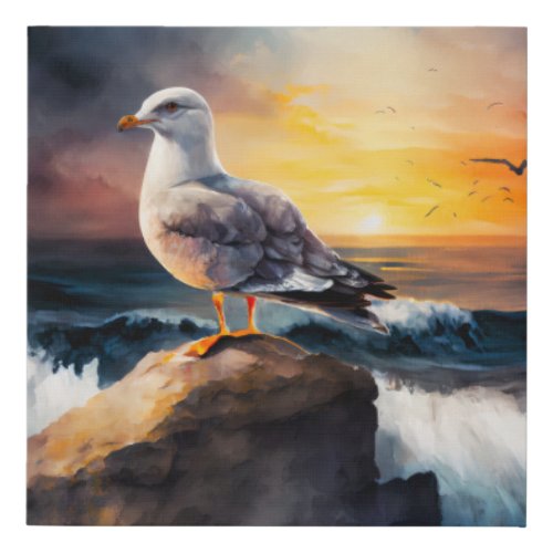 Seagull Watching The Sunset Faux Canvas Print