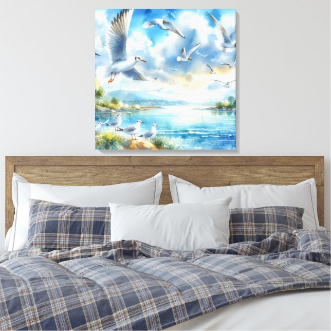 Seagull Watercolor Painting Canvas Print (Insitu(Bedroom))
