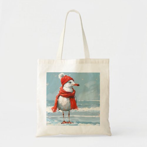Seagull wearing red scarf tote bag