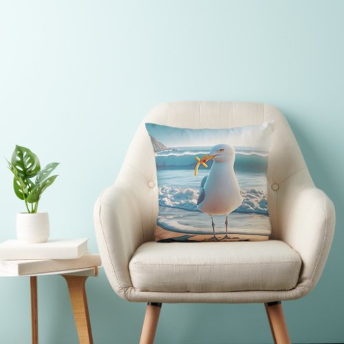 Seagull With French Fries Throw Pillow