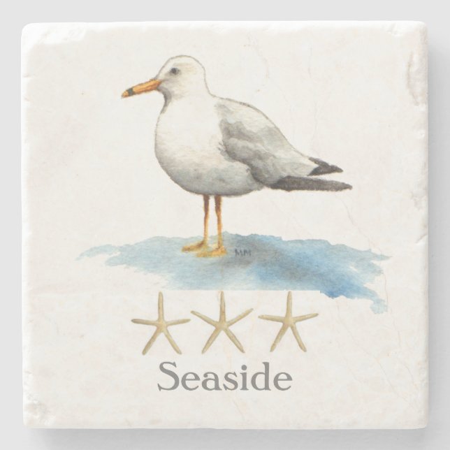 Seagull with Starfish Watercolor Stone Coaster (Front)