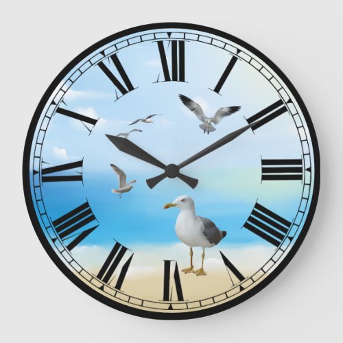 Seagulls and Beach Scene Large Clock