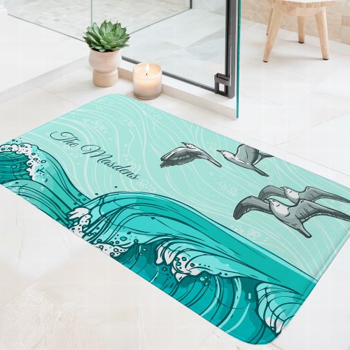 Seagulls And Ocean Waves Family Name Bath Mat