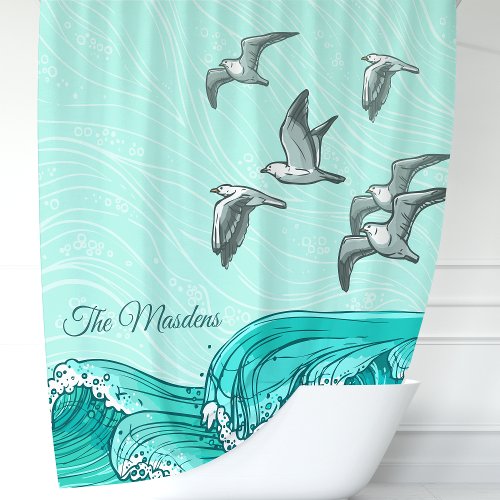 Seagulls And Ocean Waves Monogram Shower Curtain