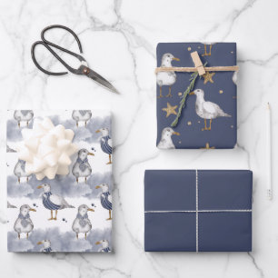 Seagulls and Starfish Gold Stars Nautical  Wrapping Paper Sheets