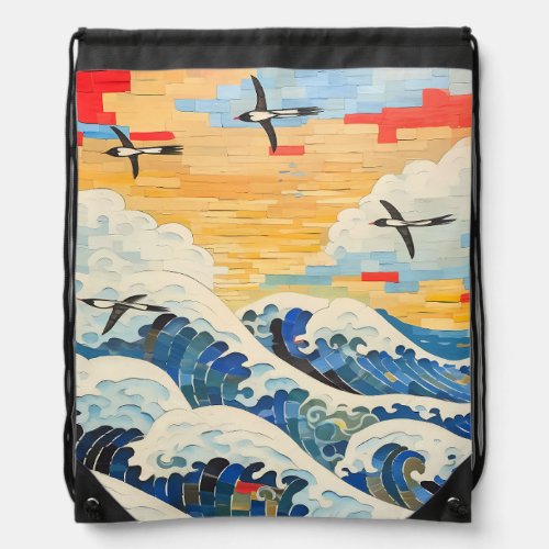 Seagulls and Waves Drawstring Bag