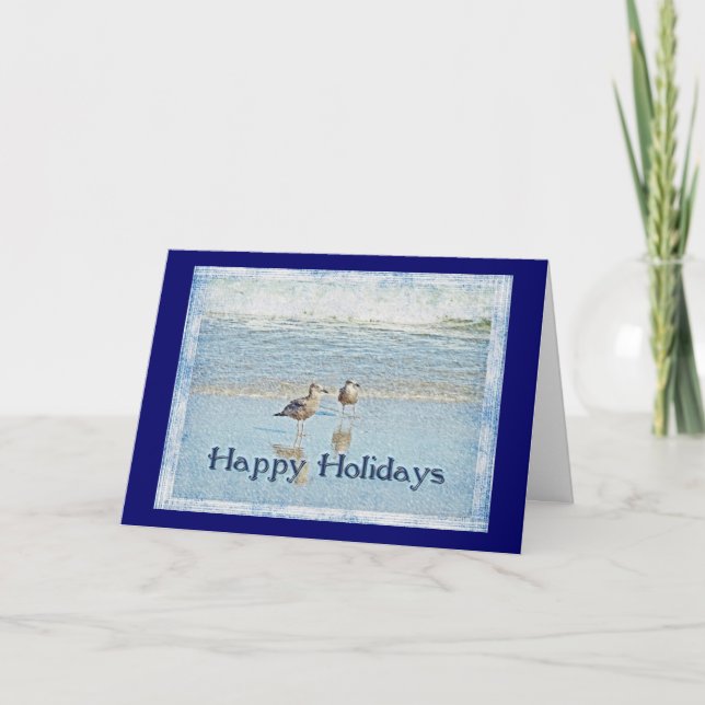 Seagulls and Waves Happy Holidays Greeting Card (Front)