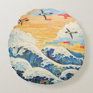 Seagulls and Waves Round Pillow