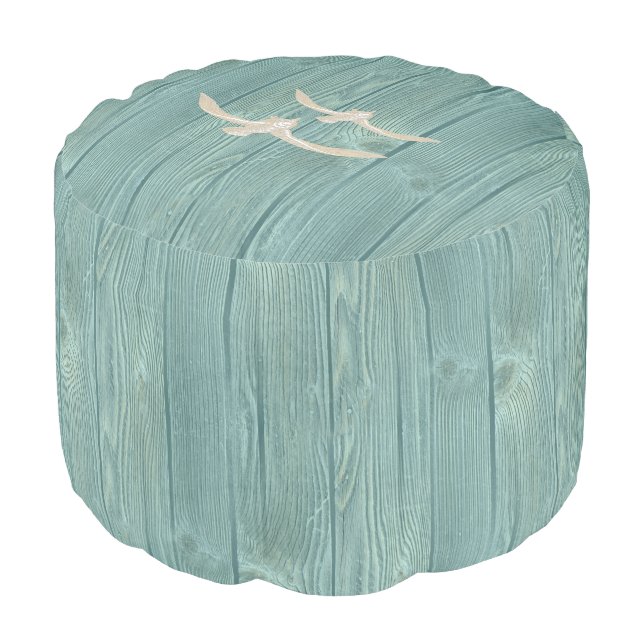 Seagulls Beach Aqua Wood Pouf Seat (Angled Front)