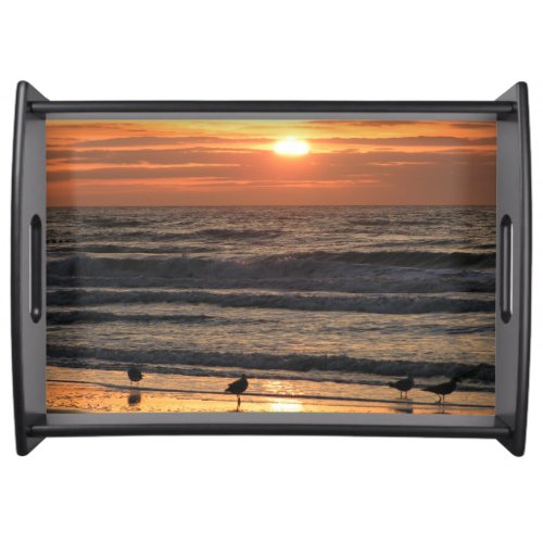 Seagulls by the Sea at Sunset  Serving Tray