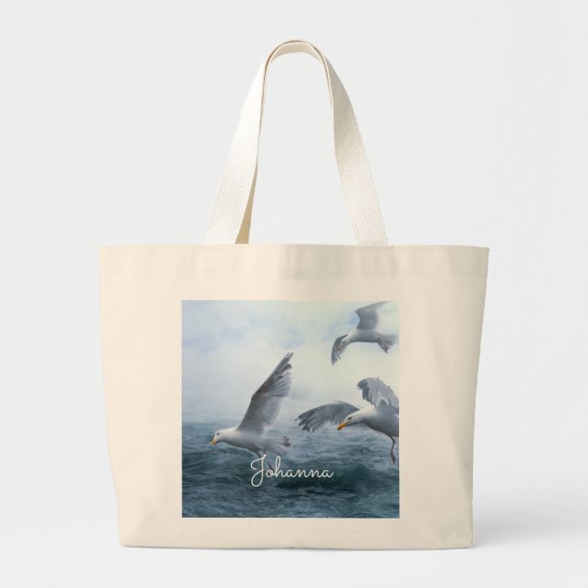 Seagulls Flight over the Sea Large Tote Bag (Front)