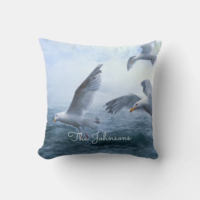 Seagulls Flight over the Sea Throw Pillow (Front)
