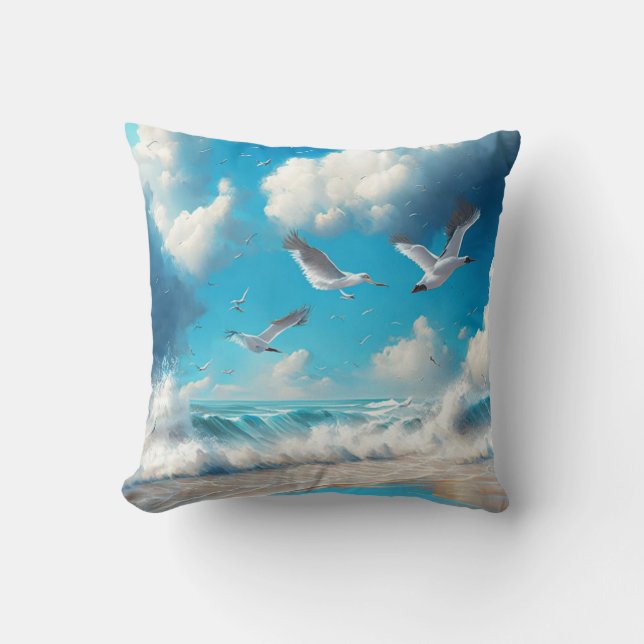 Seagulls flying above the Sandy Beach Throw Pillow (Front)