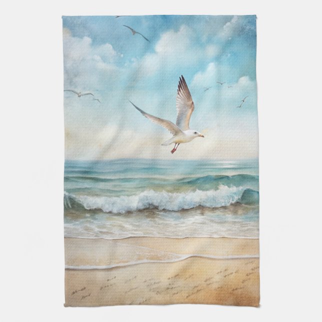 Seagulls Flying on a Beach Kitchen Towel (Vertical)