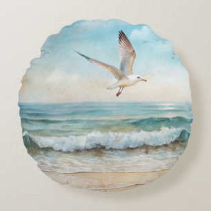 Seagulls Flying on a Beach Round Pillow