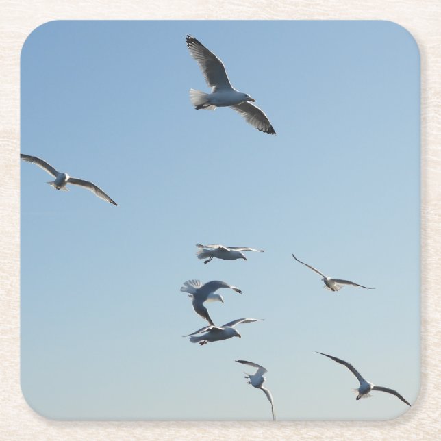 Seagulls Flying Over Ocean Waves Coastal Bird  Square Paper Coaster (Front)