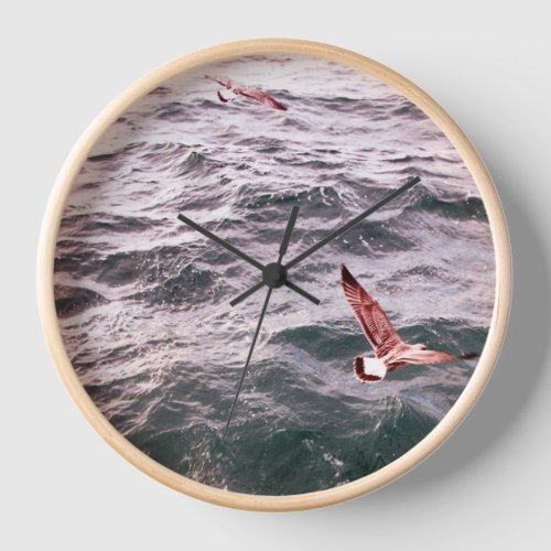 SEAGULLS FLYING OVER THE SEA WAVES CLOCK