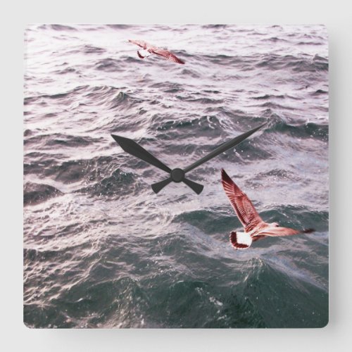 SEAGULLS FLYING OVER THE SEA WAVES SQUARE WALL CLOCK