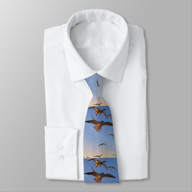 Seagulls In Flight Black Outline Art Neck Tie (Tied)
