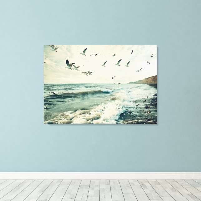 Seagulls In Flight Over Ocean Canvas Print (Insitu(Wood Floor))
