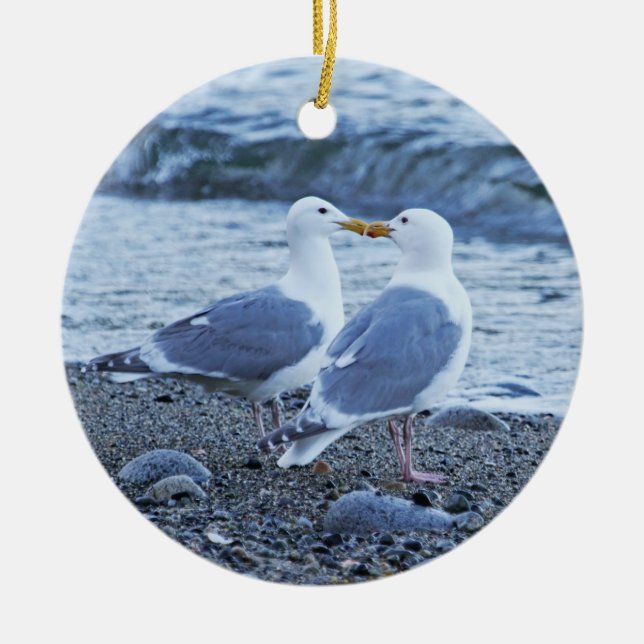Seagulls Kissing on the Beach Photo Ceramic Ornament (Front)
