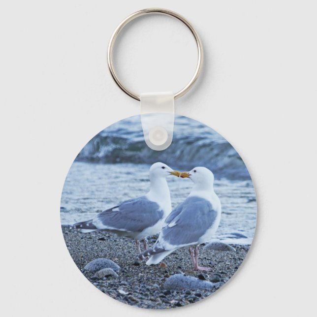 Seagulls Kissing on the Beach Photo Keychain (Front)