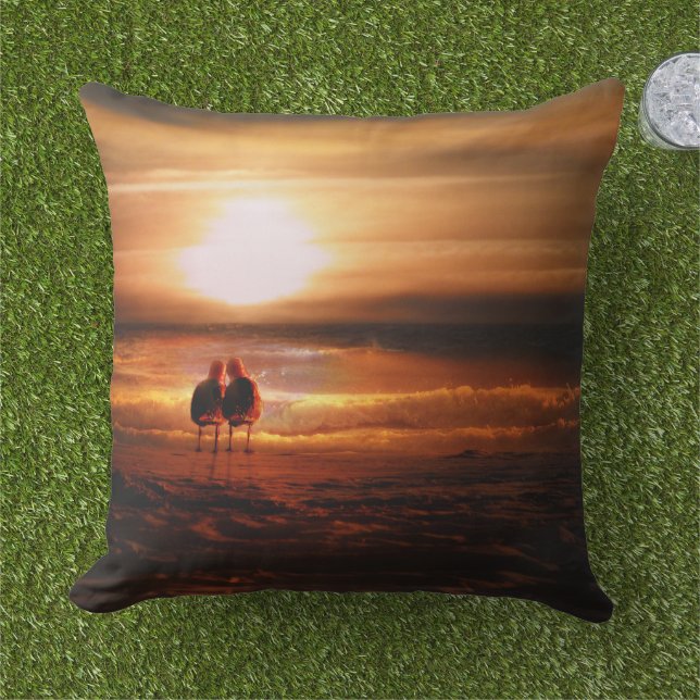 Seagulls - Lovebirds at Sunset Outdoor Pillow (Grass)