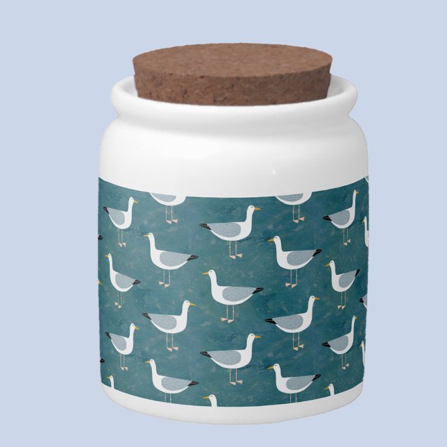 Seagulls Nautical Candy Jar (Fun coastal seagull pattern candy jar.)
