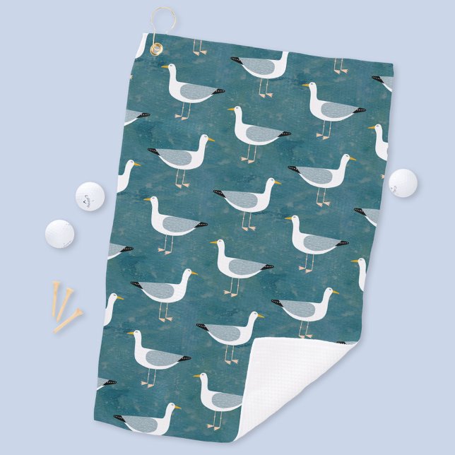 Seagulls Nautical Golf Towel (Seagull coastal teal green art golf towel)