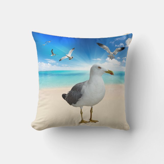 Seagulls on a Beach Throw Pillow (Front)