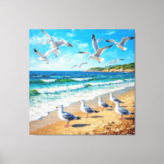 Seagulls on a Shoreline with Ocean Waves Canvas Print