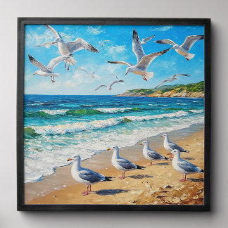 Seagulls on a Shoreline with Ocean Waves Peel And Stick Photo Tile