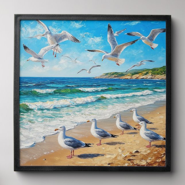 Seagulls on a Shoreline with Ocean Waves Peel And Stick Photo Tile (Front Set)