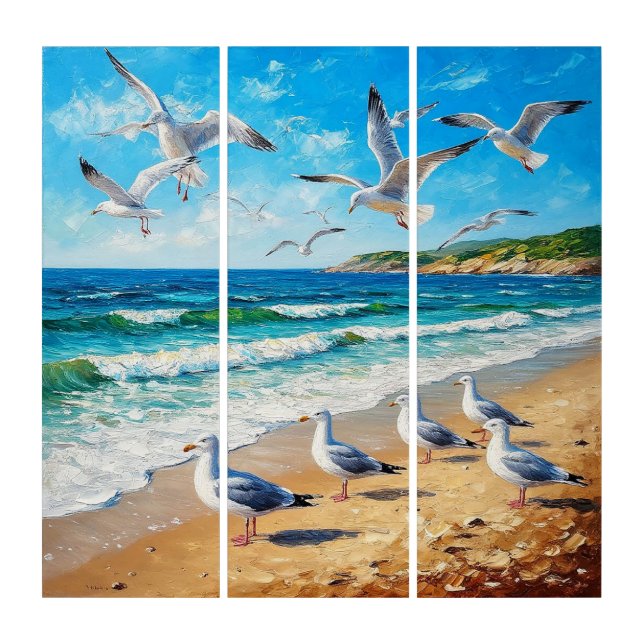 Seagulls on a Shoreline with Ocean Waves Triptych (Front)