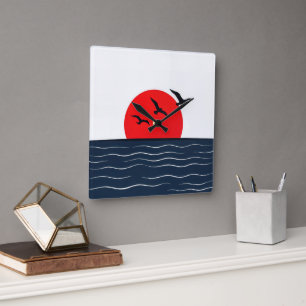 Seagulls on Red Sun with Ocean Square Wall Clock