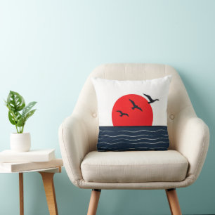 Seagulls on Red Sun with Ocean Throw Pillow