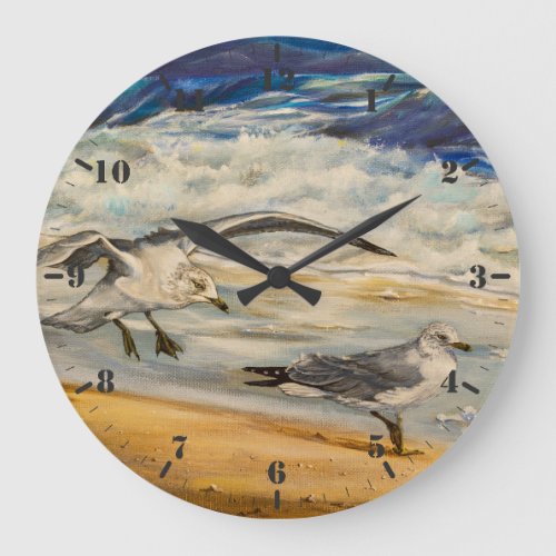 Seagulls on the beach large clock