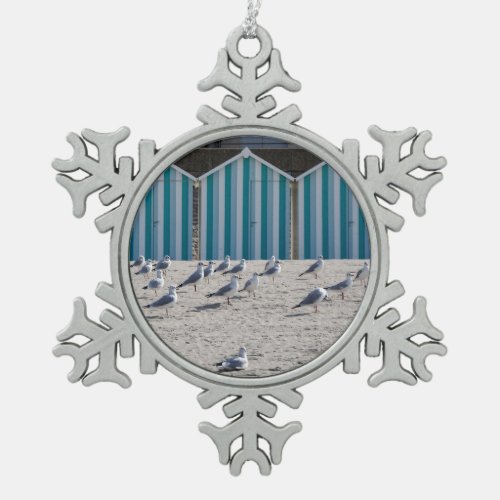 Seagulls on the beach of Fort Mahon in France Snowflake Pewter Christmas Ornament