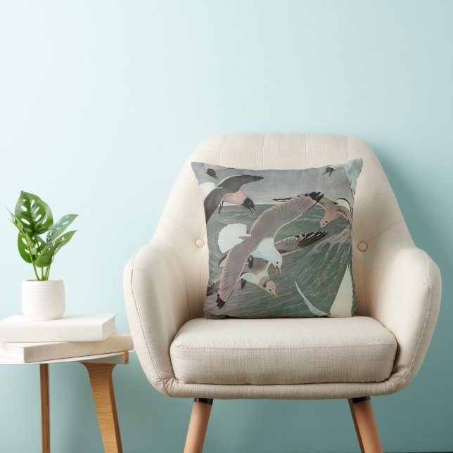 Seagulls Over Ocean Waves by Louis Agassiz Fuertes Throw Pillow (Chair)