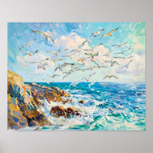 Seagulls Over Waves Impressionist Ocean Scene Poster