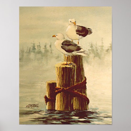 SEAGULLS  PILINGS 2 by SHARON SHARPE Poster