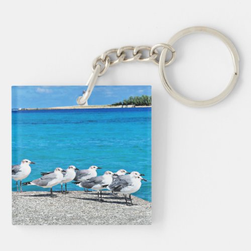 Seagulls sandy beach Nassau Bahamas Keychain