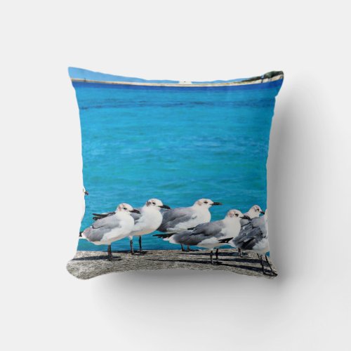 Seagulls sandy beach Nassau Bahamas Throw Pillow