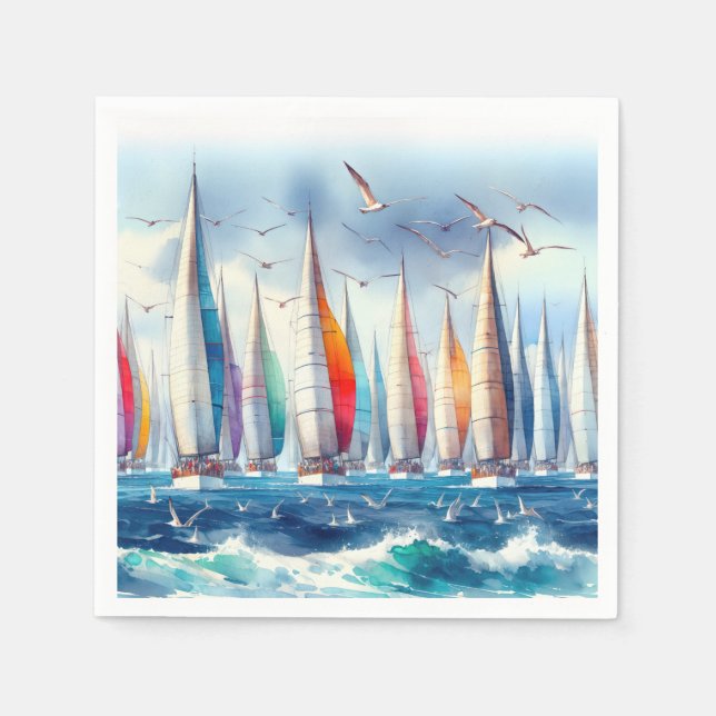 Seagulls Soaring With a Sailboat Regatta Napkins (Front)