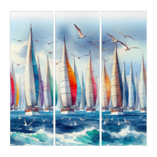 Seagulls Soaring With a Sailboat Regatta Triptych